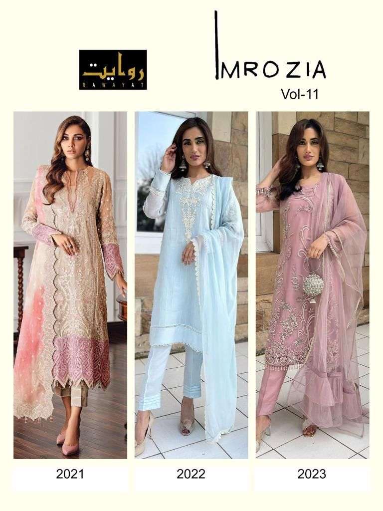 IMROZIA VOL-11 BY RAWAYAT 2021 TO 2023 SERIES PAKISTANI SUITS BEAUTIFUL FANCY COLORFUL STYLISH PARTY WEAR & OCCASIONAL WEAR FAUX GEORGETTE WITH EMBROIDERY DRESSES AT WHOLESALE PRICE